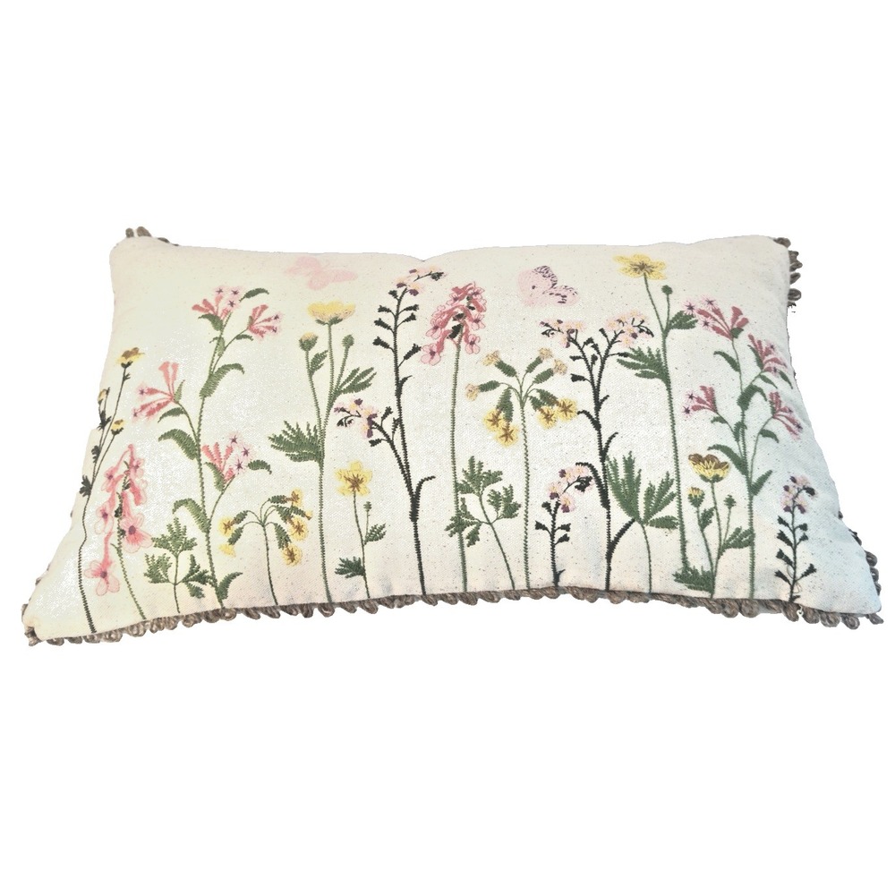 Needlepoint Floral Throw Pillow Wild Flowers & Butterflies Zipper Vintage Spring
